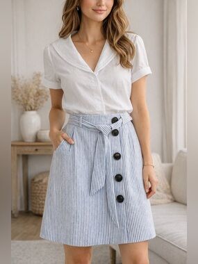 Boden Blue & White Striped Linen Blend Button Front Skirt NWT Size 6R ($110USD)